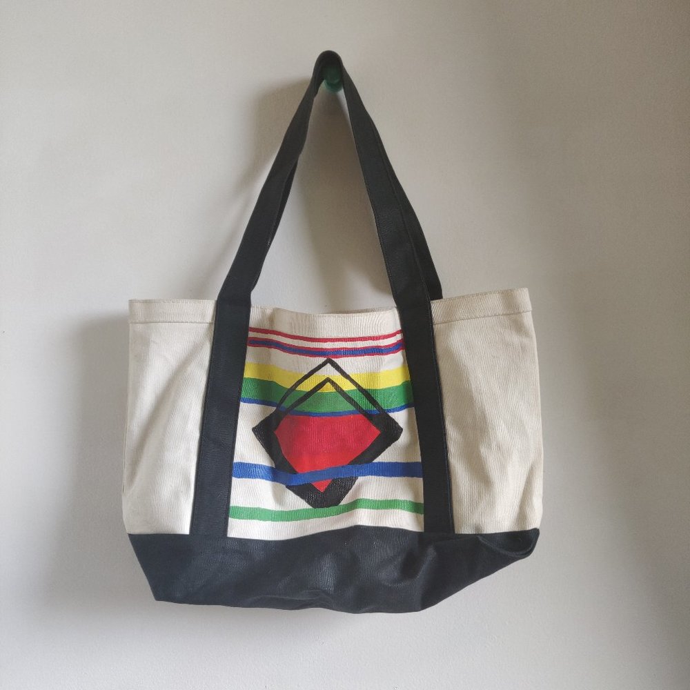 Colorful Hand Painted Geometric Design Canvas Tote Bag